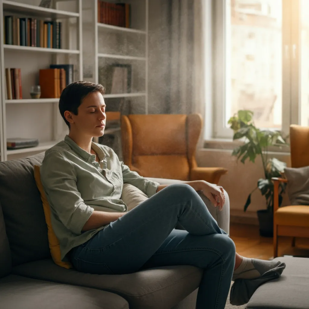 Person smiling in a clean and organized room, symbolizing the positive impact of cleaning and organization on ADHD and executive dysfunction.