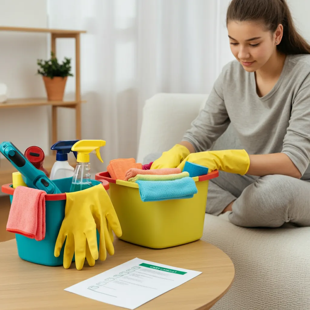 Colorful cleaning supplies and tools arranged neatly, illustrating ADHD cleaning hacks and tips for an organized and efficient cleaning routine.