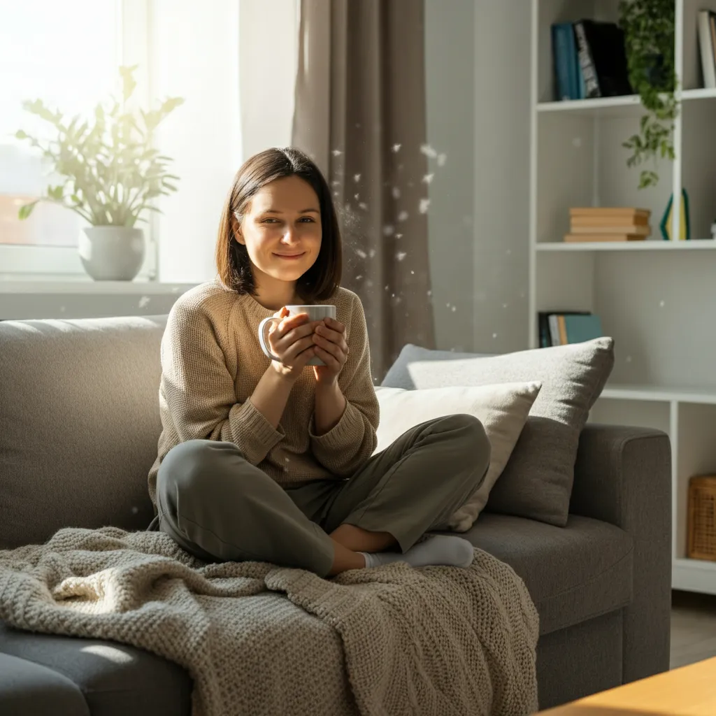 Person relaxing in a clean and peaceful home after tidying up, symbolizing the positive impact of cleaning and organizing for individuals with ADHD.