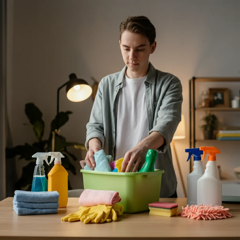 Person gathering cleaning supplies and decluttering a room as part of ADHD-friendly cleaning prep.