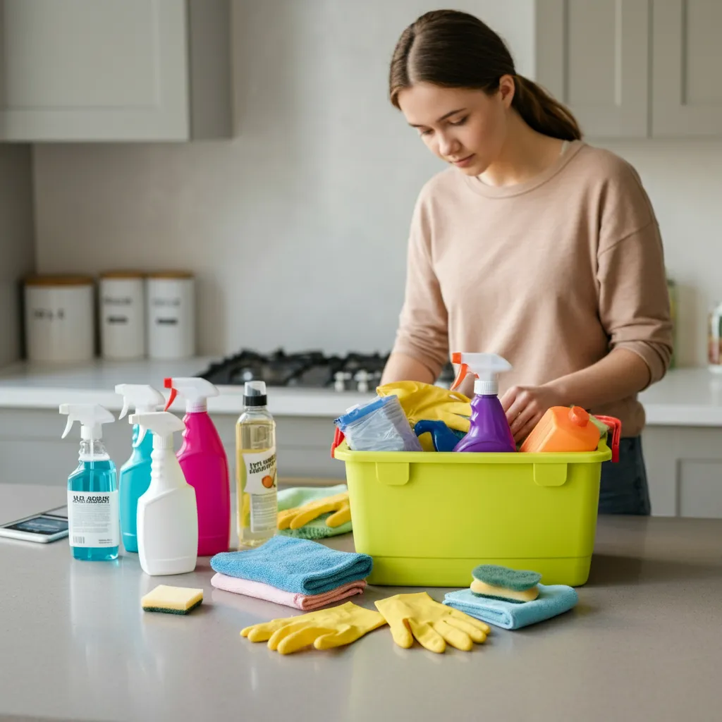 Person organizing cleaning supplies in a caddy, demonstrating ADHD cleaning tips for staying organized and motivated.