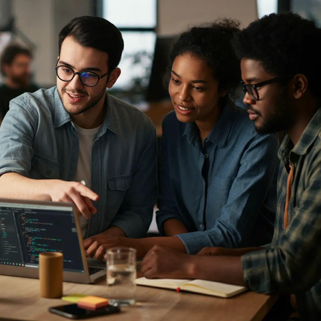 Diverse group of programmers with ADHD collaborating and supporting each other in a coding community.