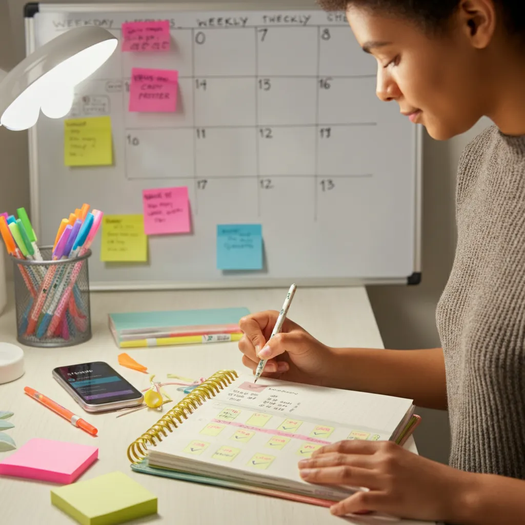 Person using a colorful planner and sticky notes to organize their ADHD daily routine checklist.