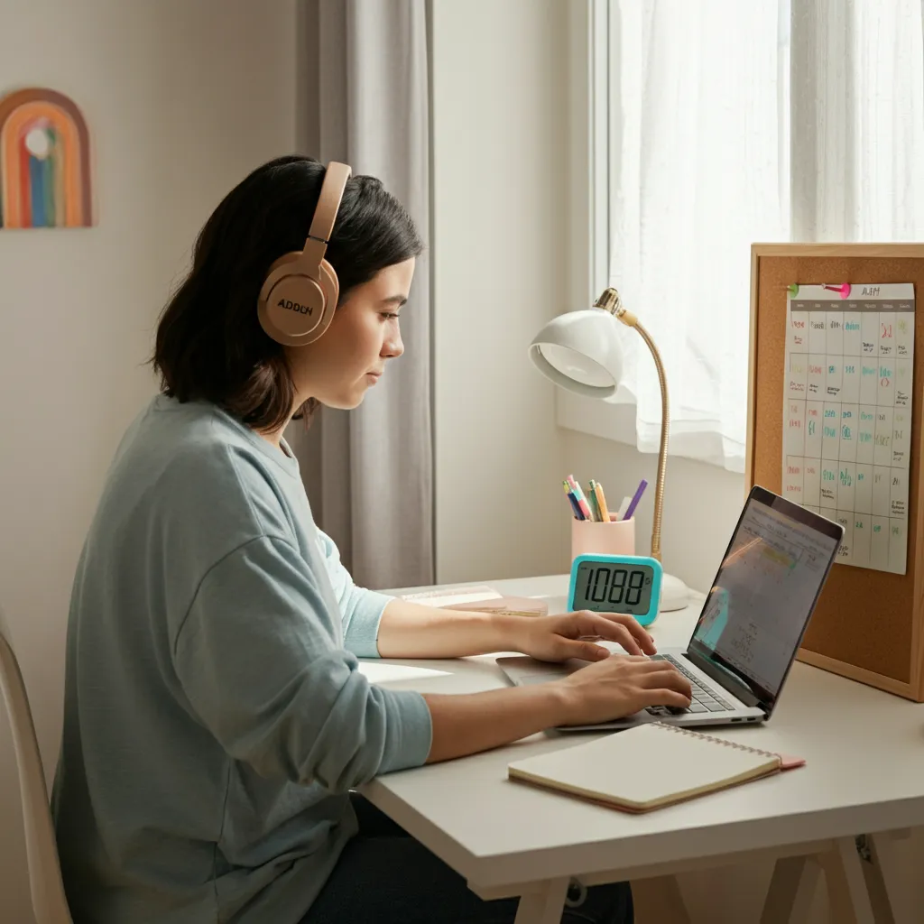 Person using planner and timer, illustrating ADHD discipline strategies like routines, schedules, and minimizing distractions.