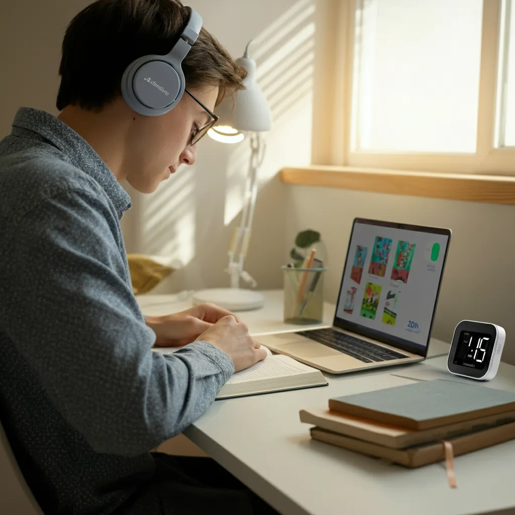 Person using noise-canceling headphones in a tidy workspace, demonstrating focus and concentration techniques for managing ADHD.