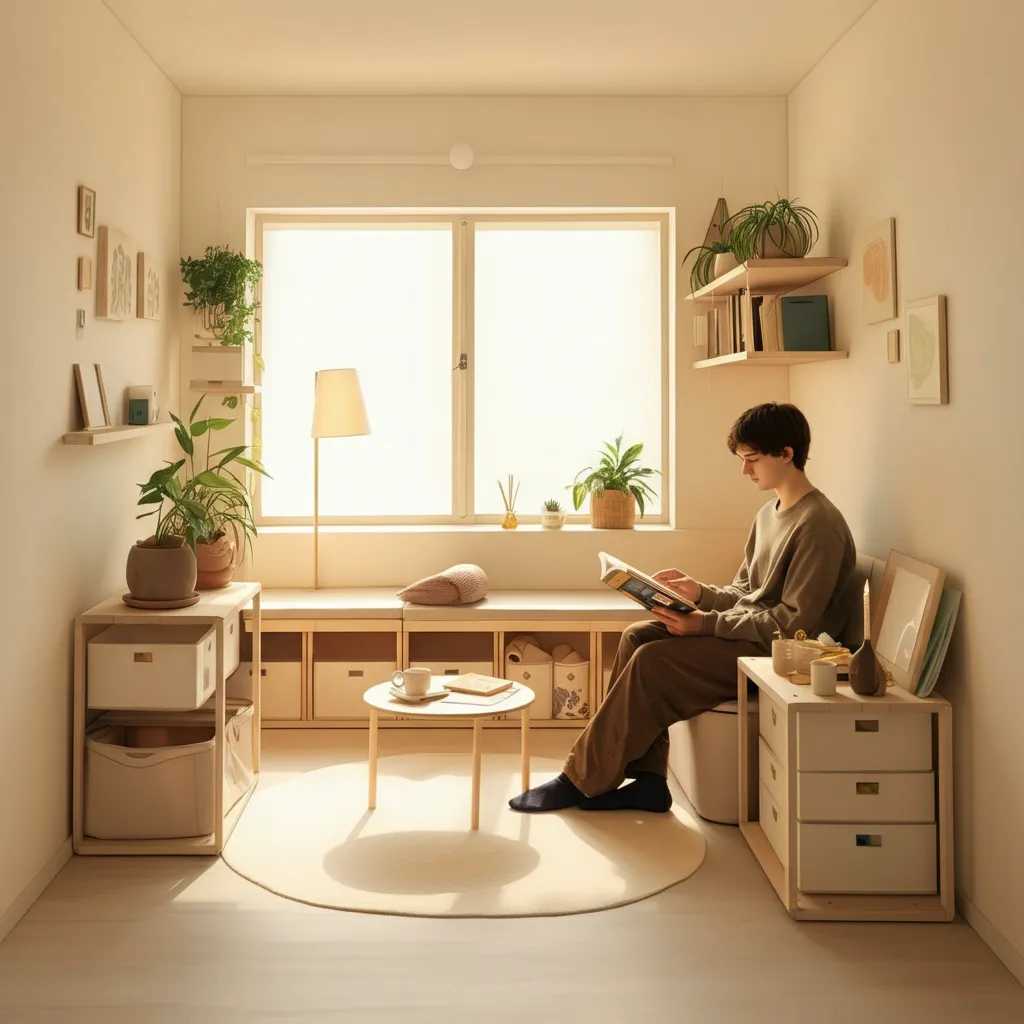 Clean and organized living space designed for people with ADHD, showcasing functional zones, minimal visual clutter, and natural light.