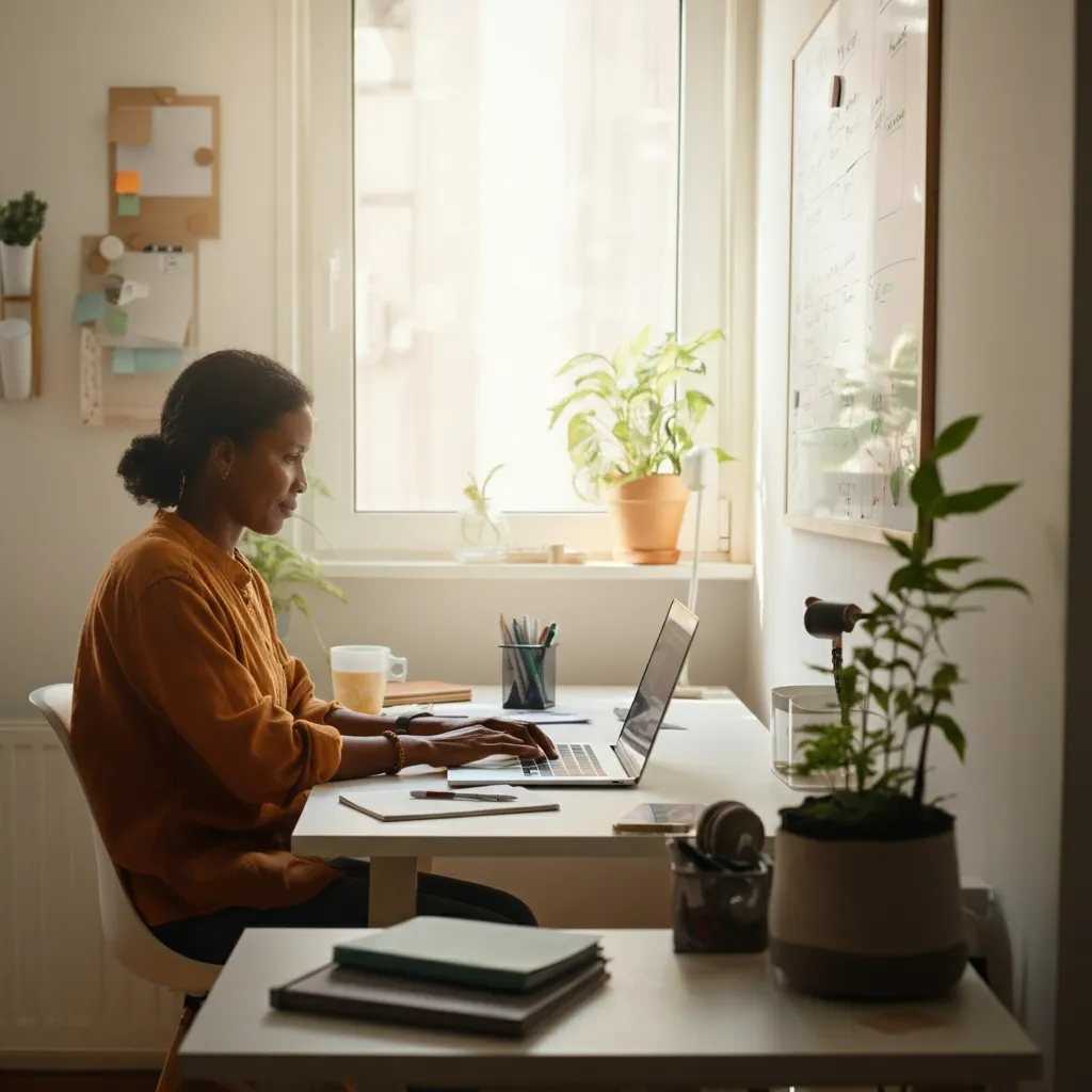 A well-organized and adaptable workspace designed to support employees with ADHD, featuring elements like noise-canceling headphones, flexible work arrangements, and visual organizational tools.