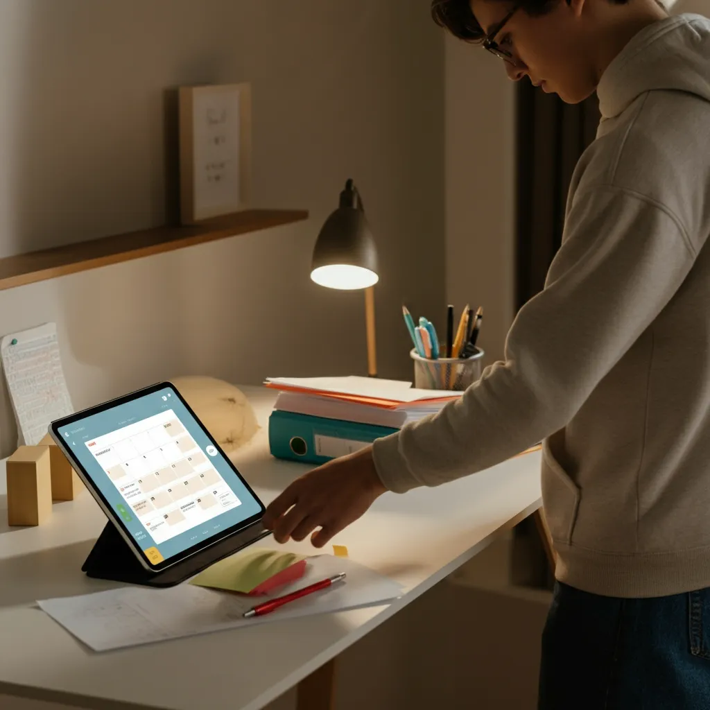 Colorful desk setup with folders, pens, and digital calendar showcasing ADHD homework organization tips.