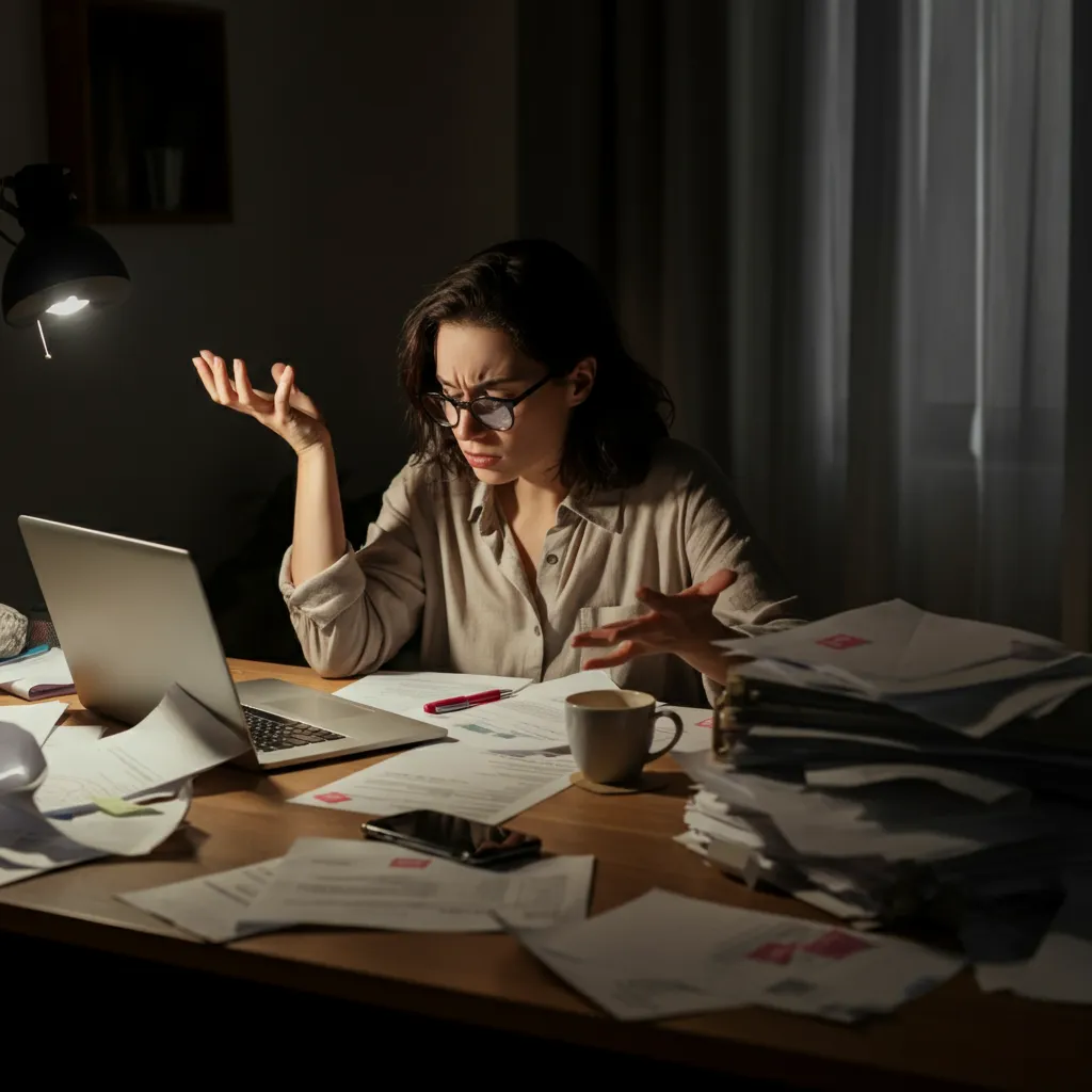 A woman experiencing common ADHD inattention symptoms, such as difficulty focusing, disorganization, and forgetfulness, highlighted in the accompanying article.