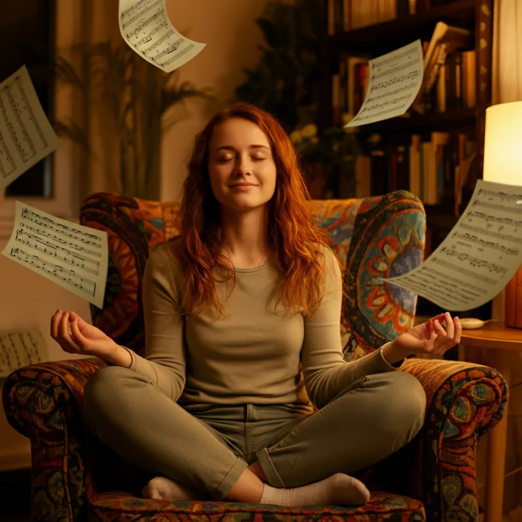 A person peacefully meditating amidst a swirl of musical notes, symbolizing acceptance and adaptation to the internal soundtrack experienced by individuals with ADHD.