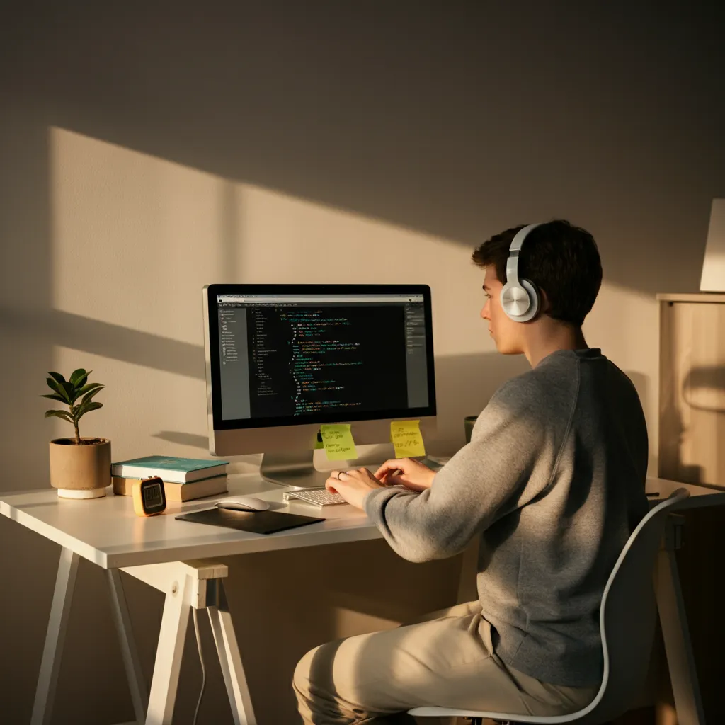 Organized workspace for ADHD learners coding, featuring noise-canceling headphones, timer, and task breakdown list.