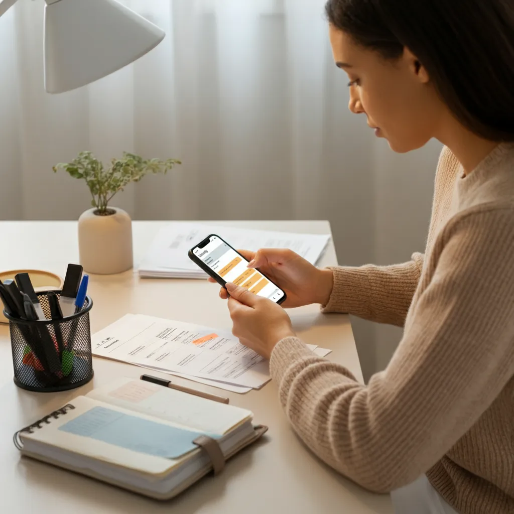 Person using a planner and colorful sticky notes to organize tasks, illustrating ADHD life hacks for time management, home organization, and finances.