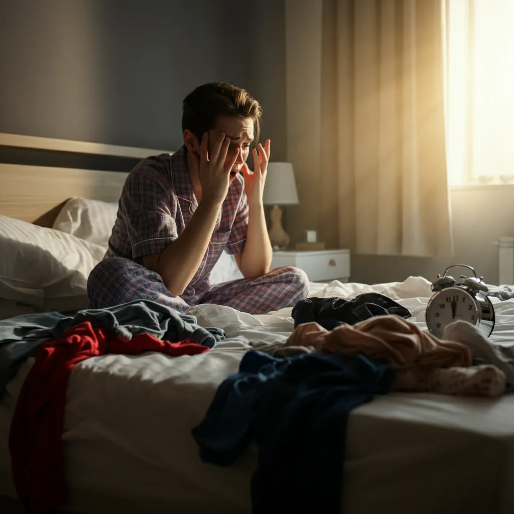 Person with ADHD experiencing common morning struggles like difficulty waking up, focusing, and getting ready.