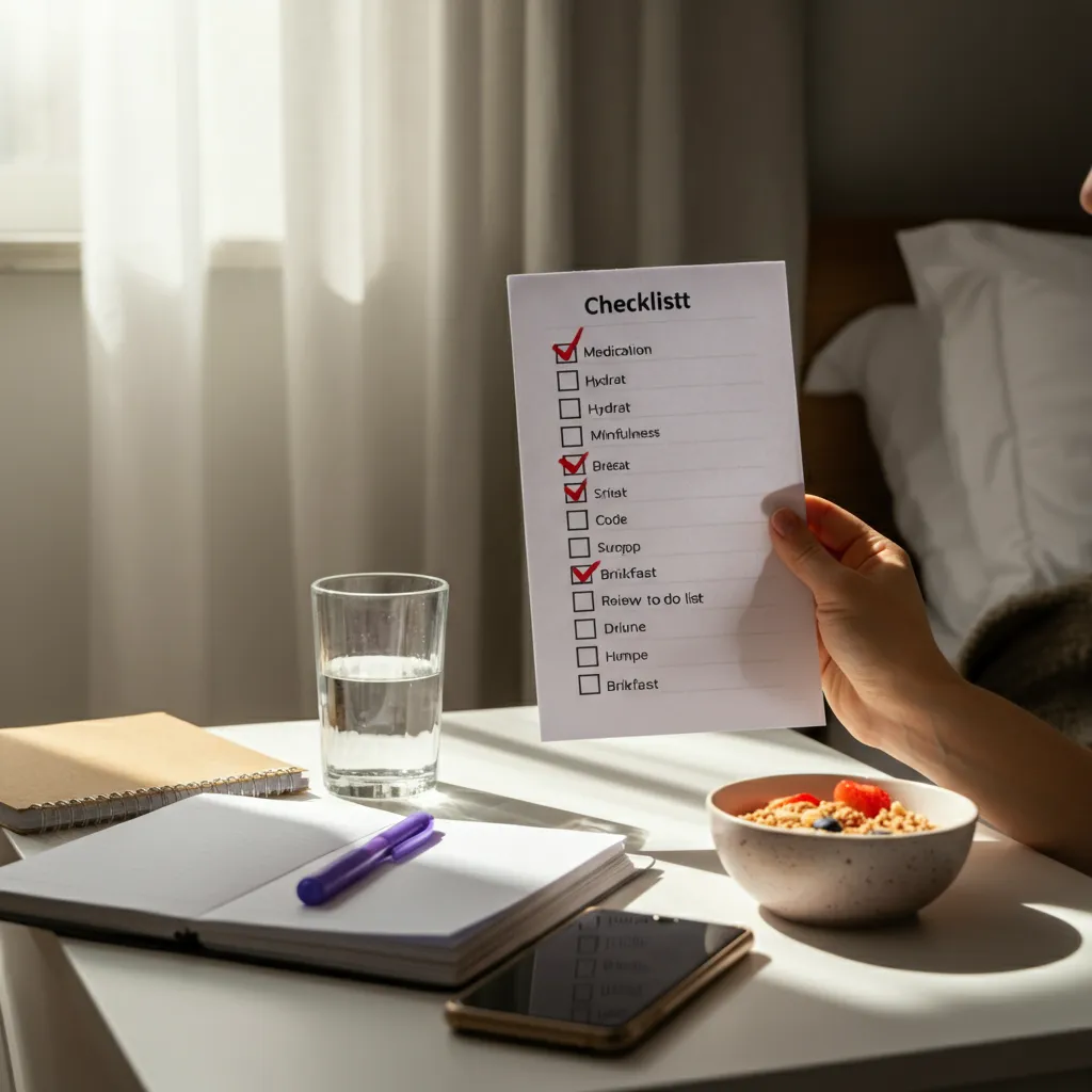 A visual representation of an ADHD-friendly morning routine checklist, showing steps like preparing the night before, taking medication, hydrating, mindfulness exercises, breakfast, and reviewing a to-do list.