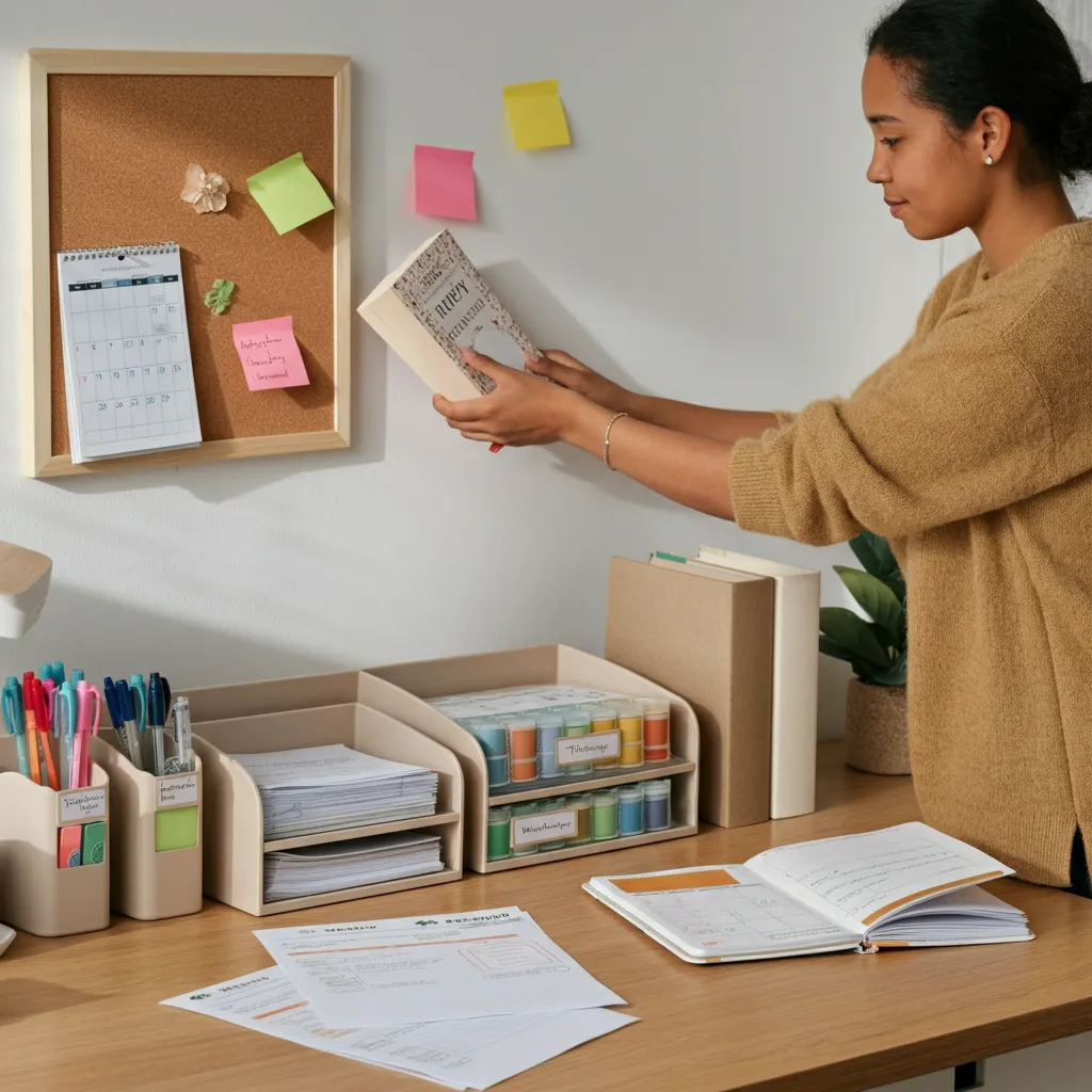 Person organizing their desk, representing practical tips and strategies for managing ADHD and improving focus in both physical and digital spaces.