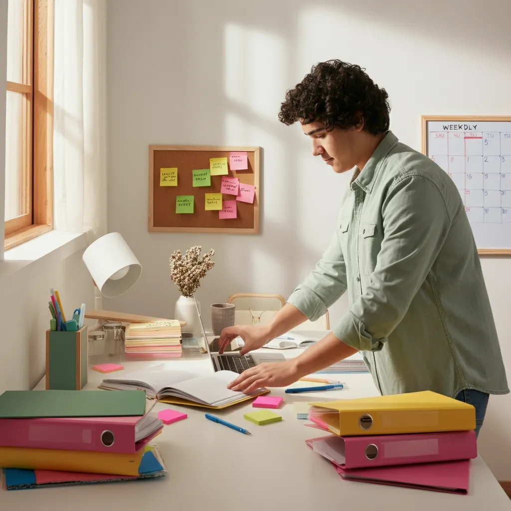 Organized and colorful study space demonstrating ADHD organization tips for students.