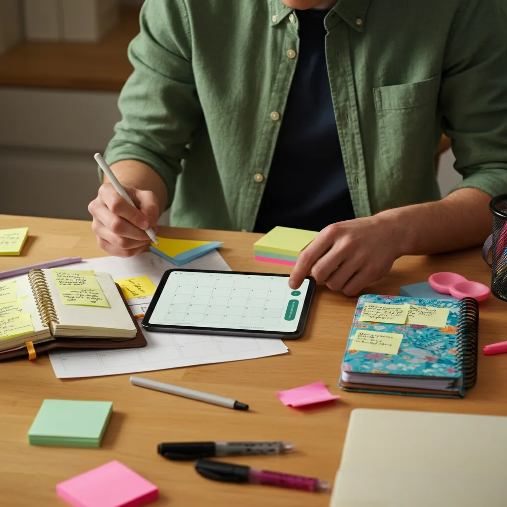 Various colorful planners and digital calendar apps displayed, representing options for ADHD brains.