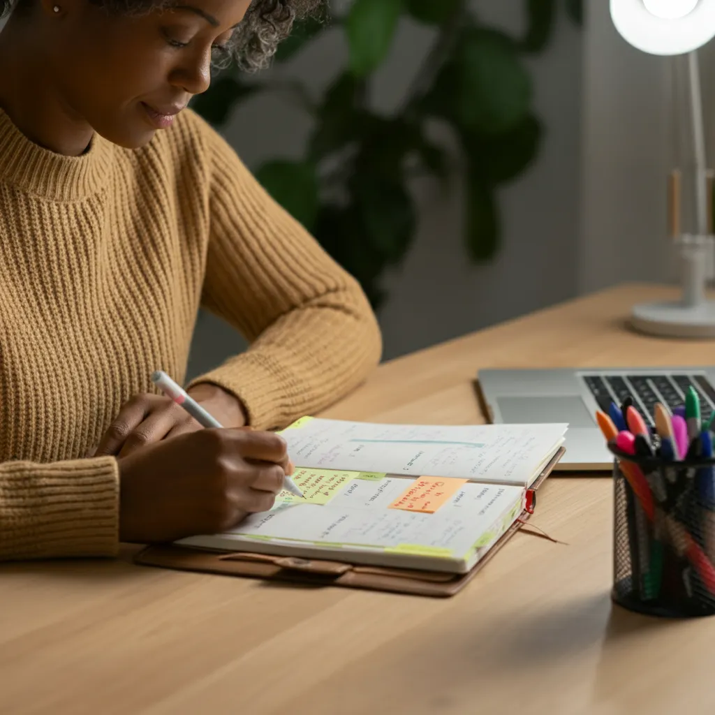 Person using a planner to organize their week, illustrating effective ADHD time management strategies.