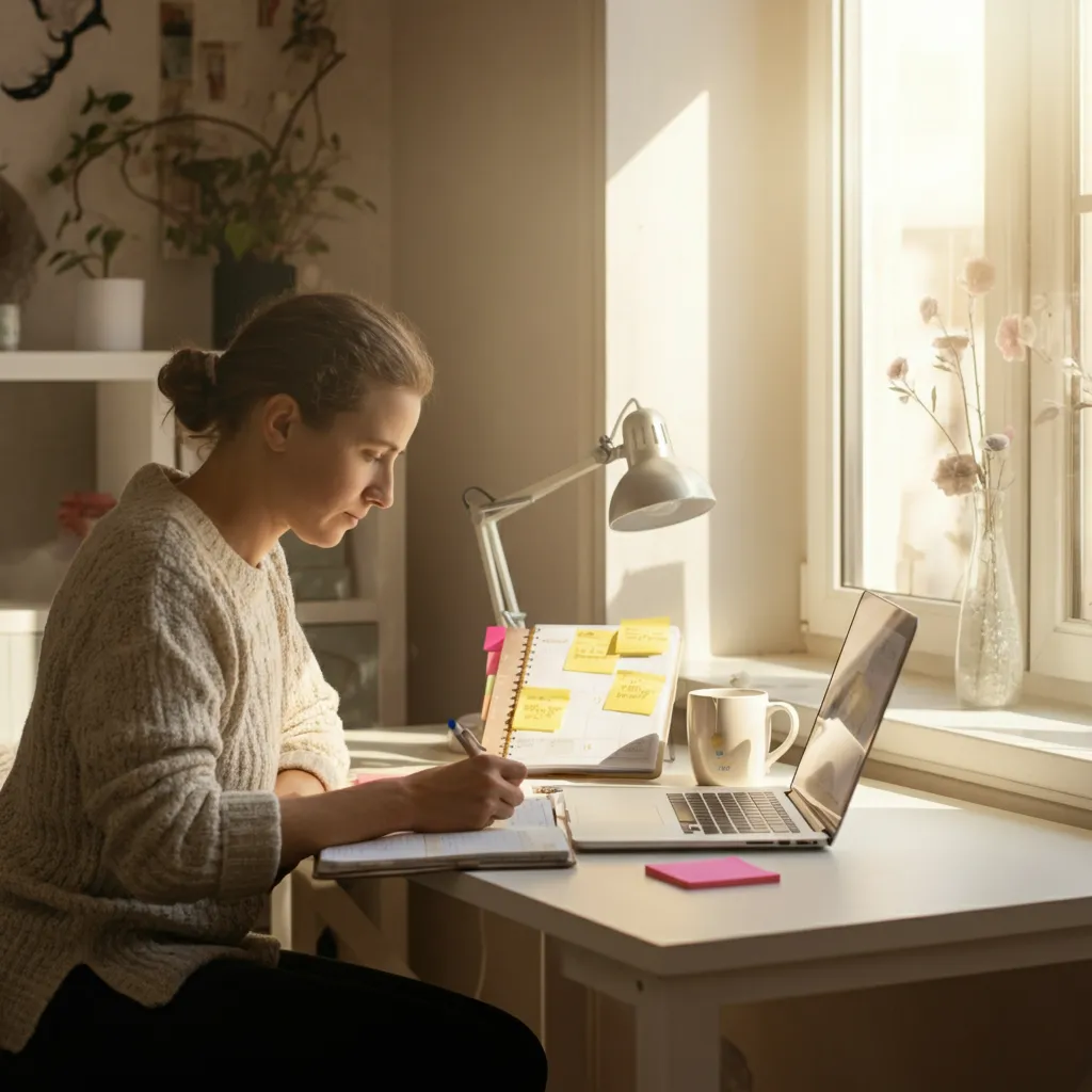 Person with ADHD organizing their daily schedule and workspace to improve focus and productivity.