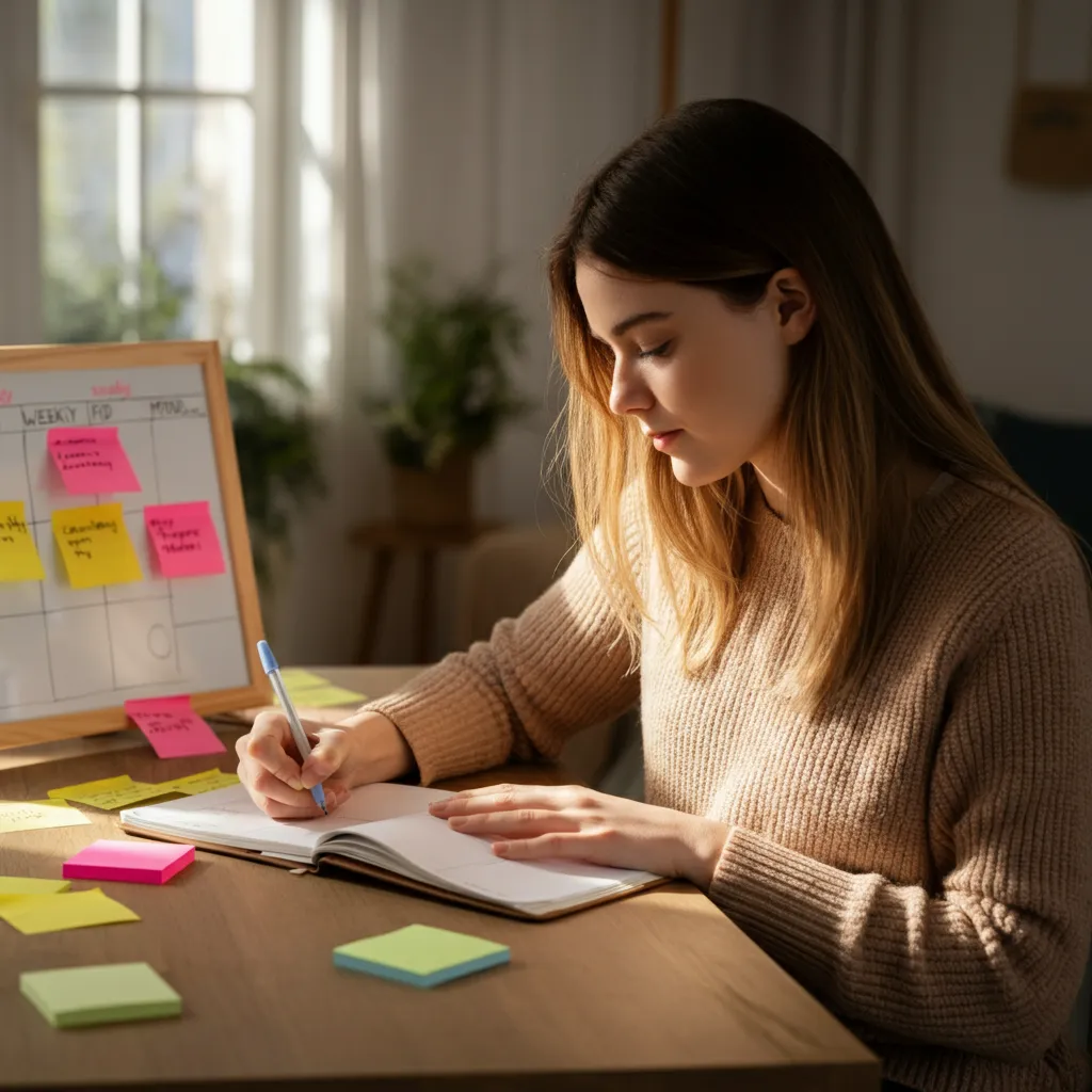 Person using planner and prioritizing self-care to build long-term habits for ADHD task management.