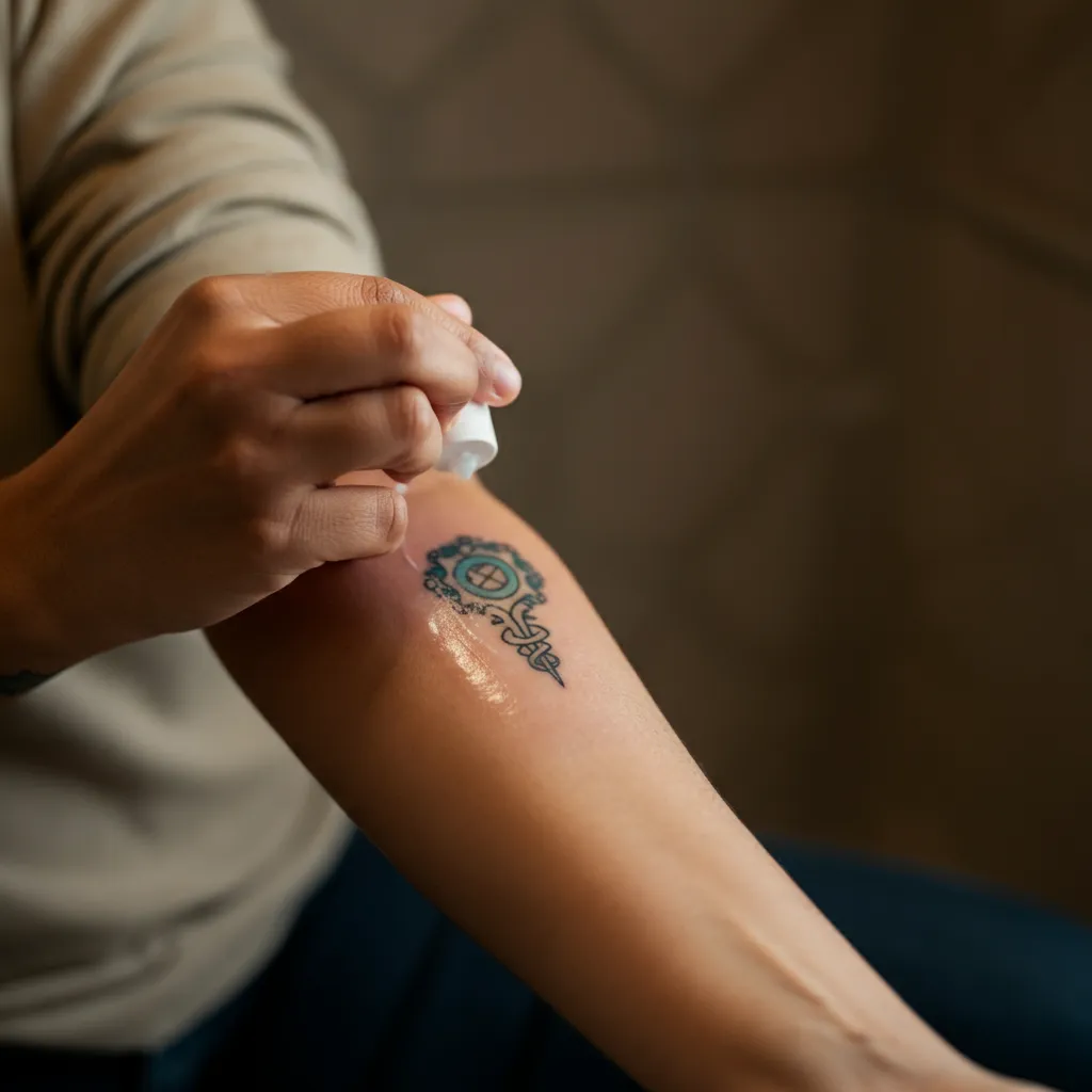 A person following aftercare instructions for their ADHD tattoo, including washing and moisturizing.