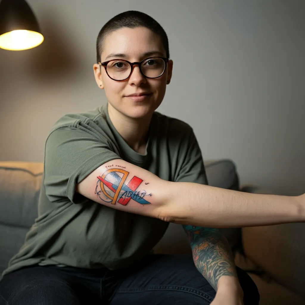 A person proudly displaying their ADHD tattoo, symbolizing neurodiversity and self-acceptance.