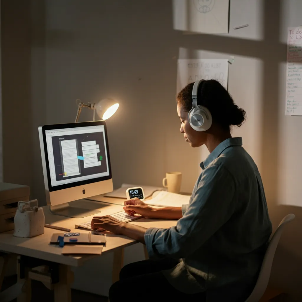 Person using noise-canceling headphones and a timer at their desk, representing ADHD accommodations in the workplace.