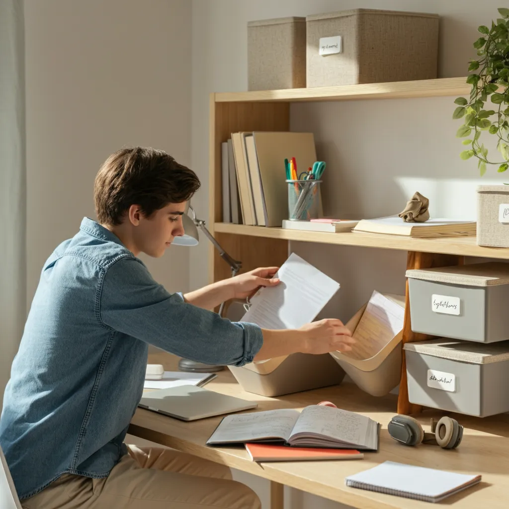 Organized workspace for students with ADHD, featuring designated zones for different activities, storage containers, and clear labels.