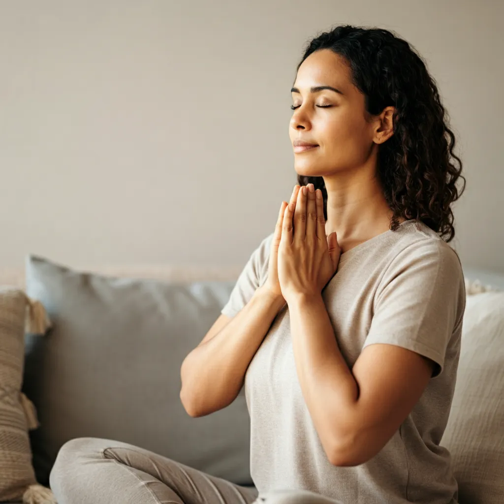 Person practicing self-care techniques, such as deep breathing, mindfulness, and spending time in nature, to cope with adult separation anxiety.