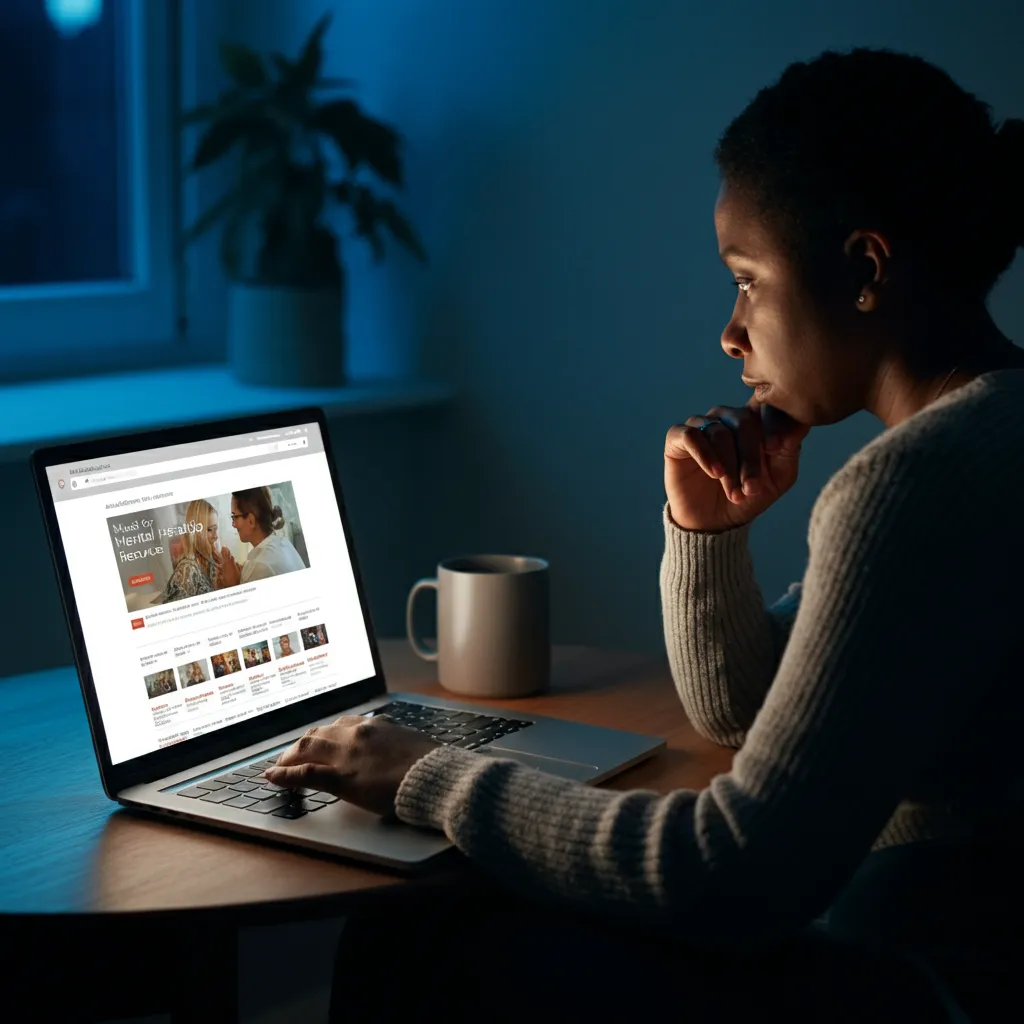 Person researching affordable mental health resources on a laptop, symbolizing finding support and overcoming financial barriers.