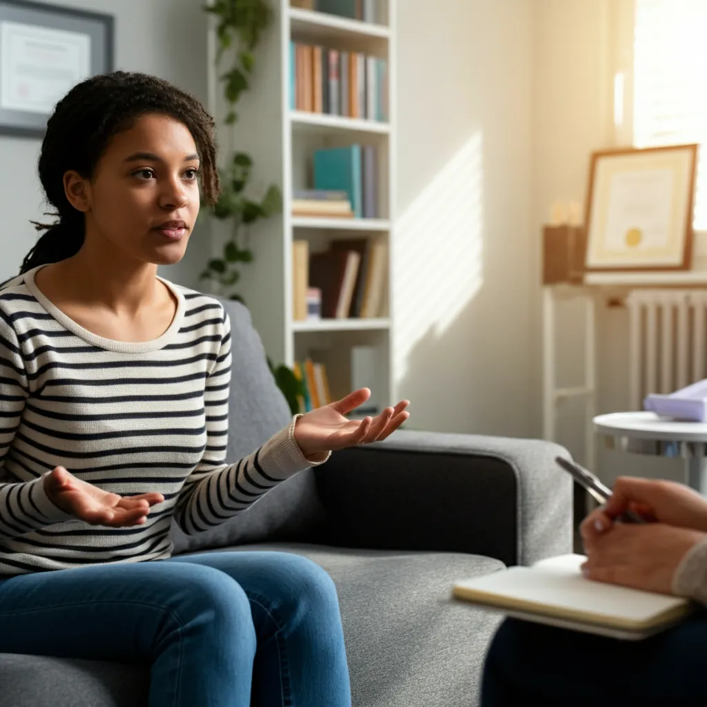 Person using planner, talking to therapist, and taking medication: alternative ADHD treatments like therapy, lifestyle changes, and medication.