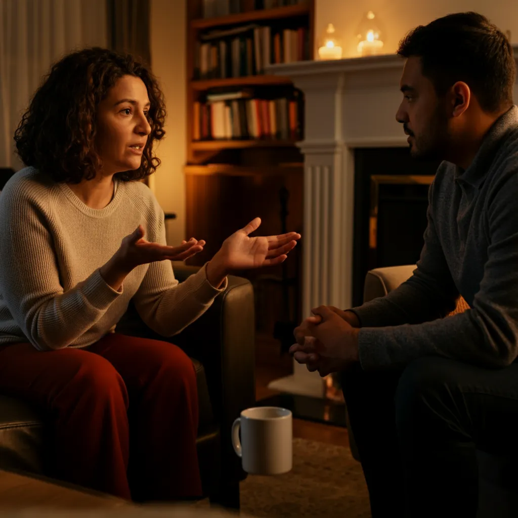 Couple communicating calmly, symbolizing anger management and relationship repair.