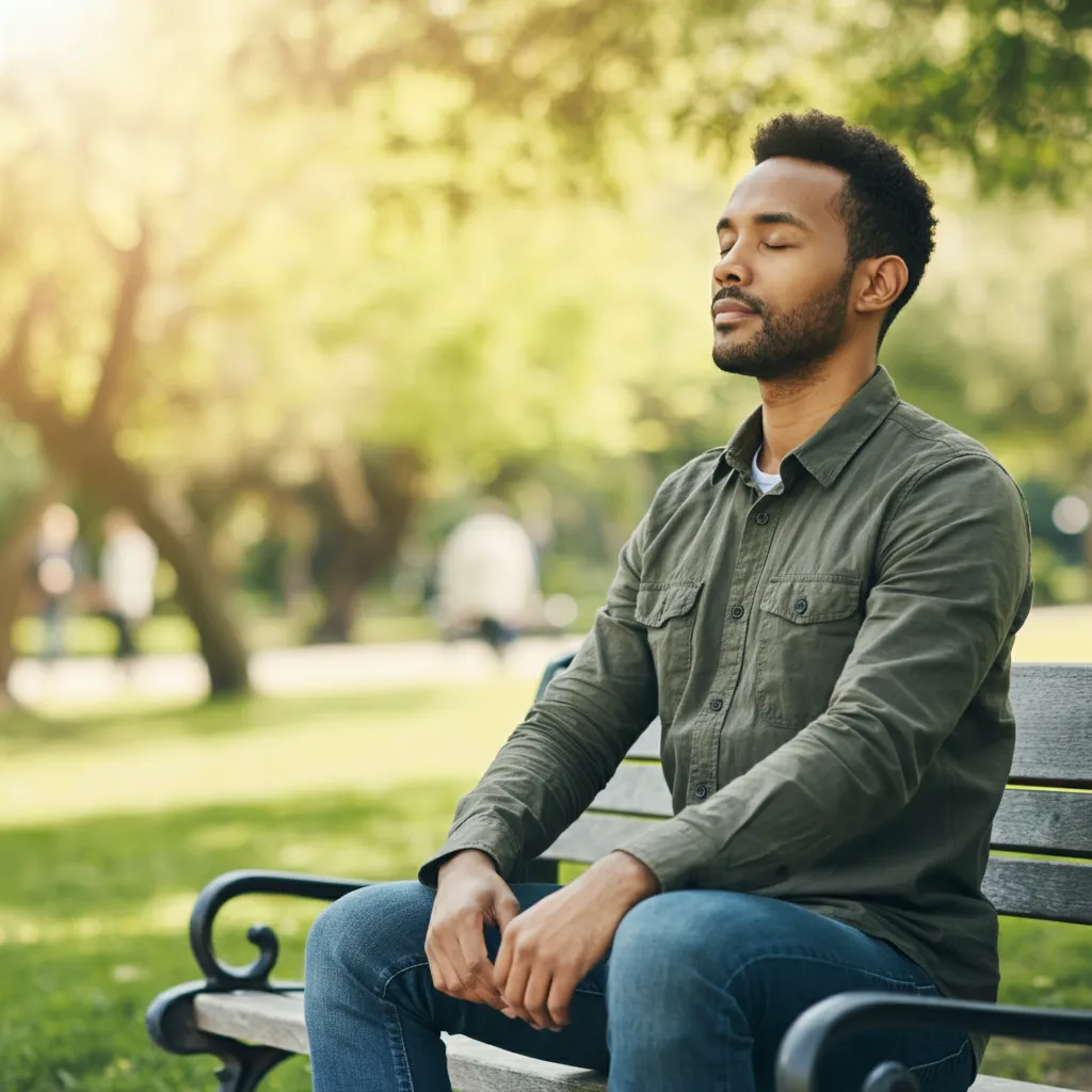 Serene person practicing deep breathing exercises, symbolizing anger management techniques and stress reduction.