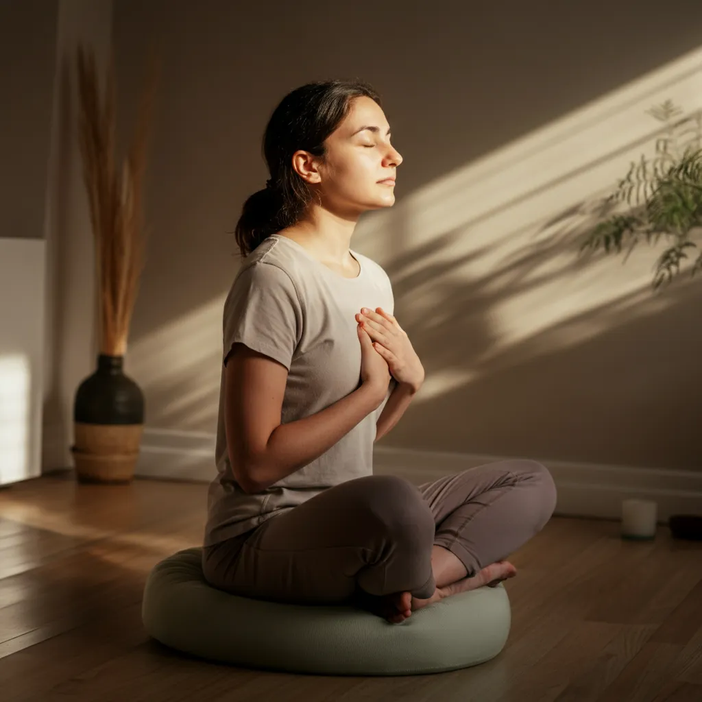 Person practicing deep breathing exercises to find relief from anxiety chills.