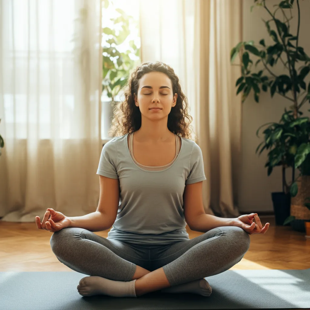 Person practicing mindfulness and deep breathing exercises for anxiety relief.