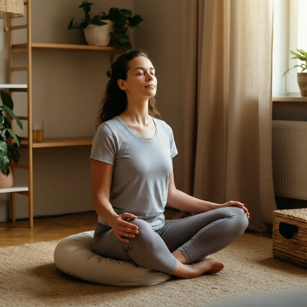 A calming image representing various coping strategies for anxiety, including deep breathing, mindfulness, and muscle relaxation techniques.