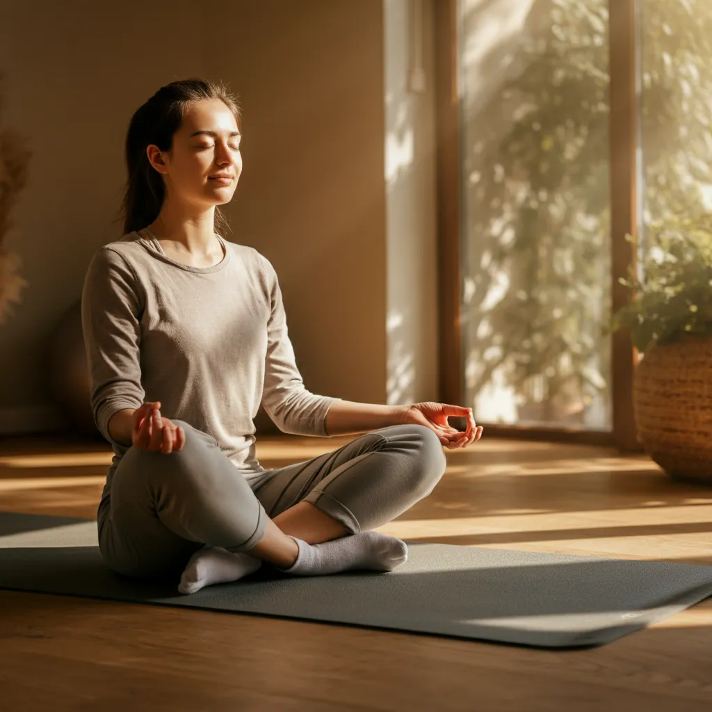 Person practicing mindfulness meditation and deep breathing exercises to manage anxiety symptoms.