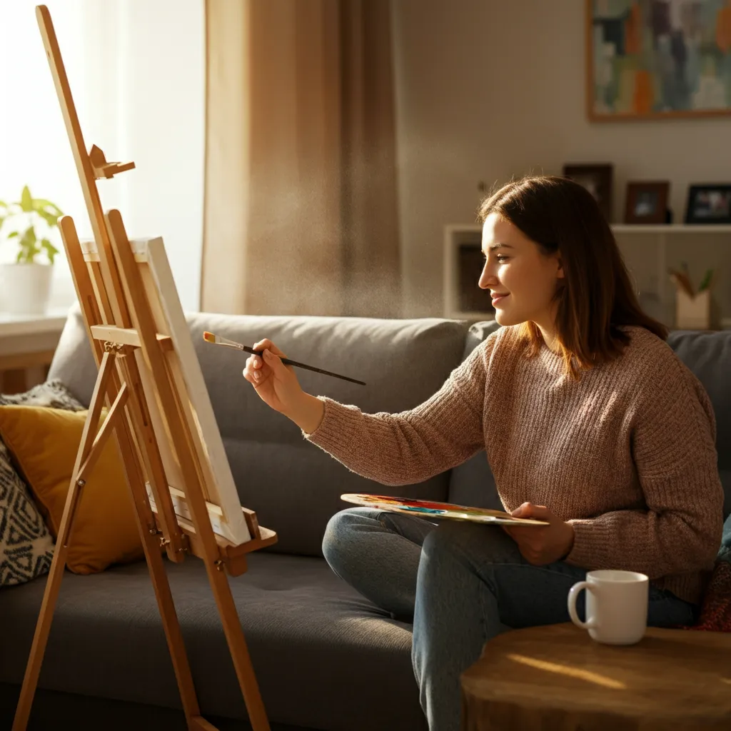 Person happily engaging in a hobby, symbolizing the rediscovery of joy and purpose during anxiety recovery.