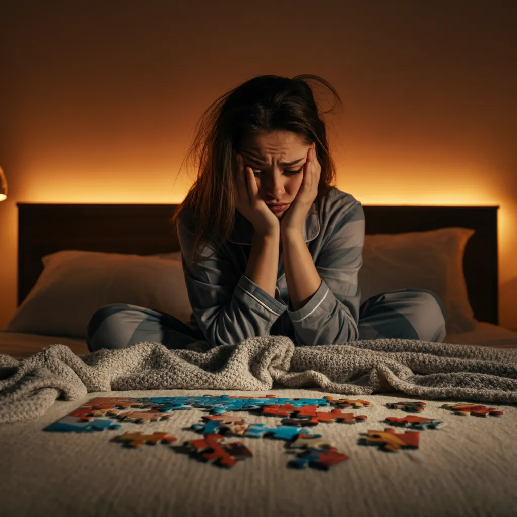 A visual representation of how anxiety symptoms, including physical, emotional, cognitive, and behavioral, interact and influence each other, like pieces of a puzzle.