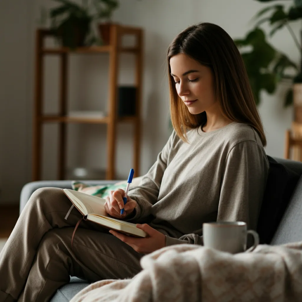 A person reflecting on their stress levels and identifying personal stressors, triggers, and coping mechanisms to better understand and manage stress.