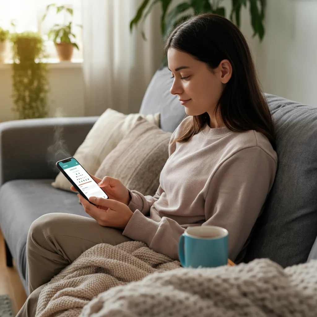 A person using a mood tracker to log their daily feelings and identify patterns, promoting better self-awareness and mental wellbeing.