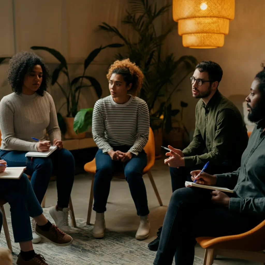 A person engaged in a coaching session, discussing mental health and well-being goals with their coach.