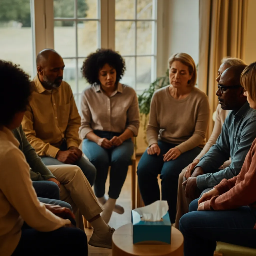 Diverse group of people connecting and supporting each other in a mental health support group setting.