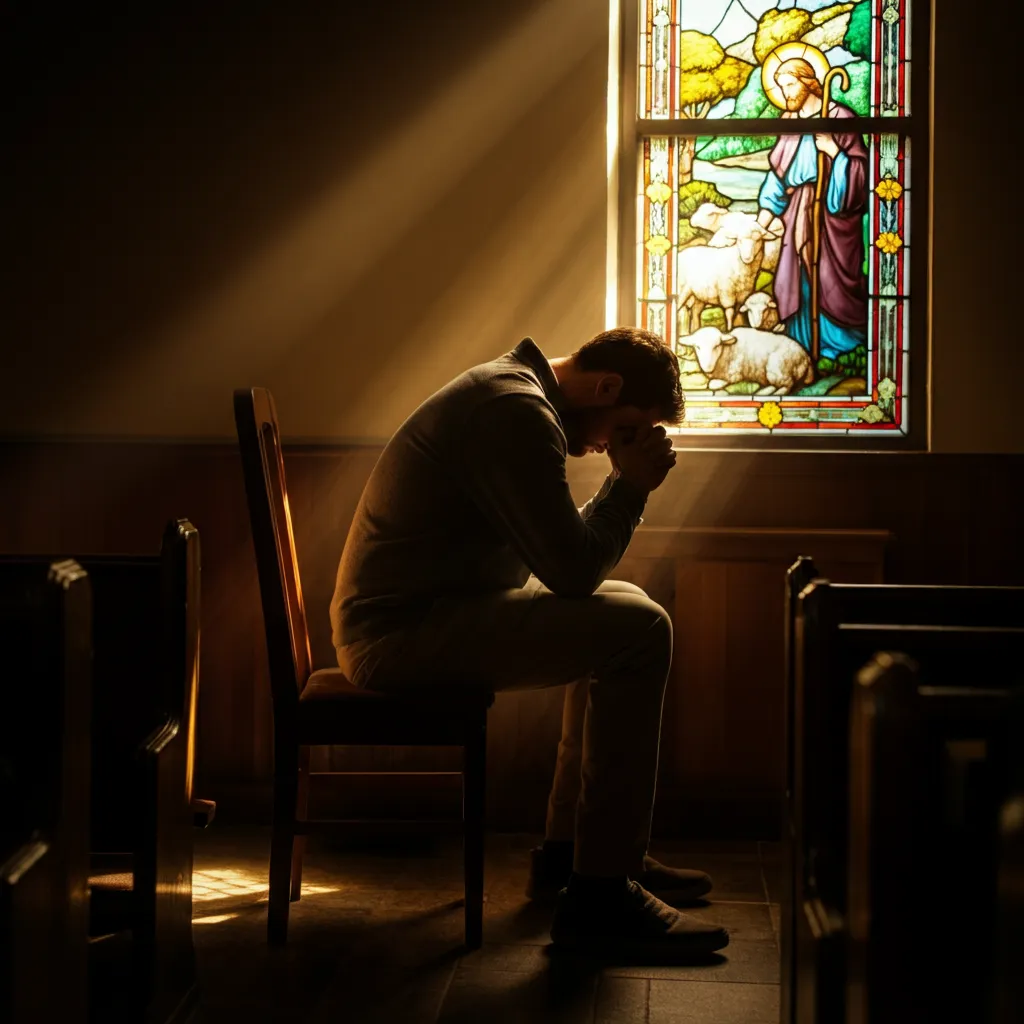 Person finding comfort and strength in prayer for addiction recovery, representing a biblical approach to overcoming addiction through faith and 12-step programs.