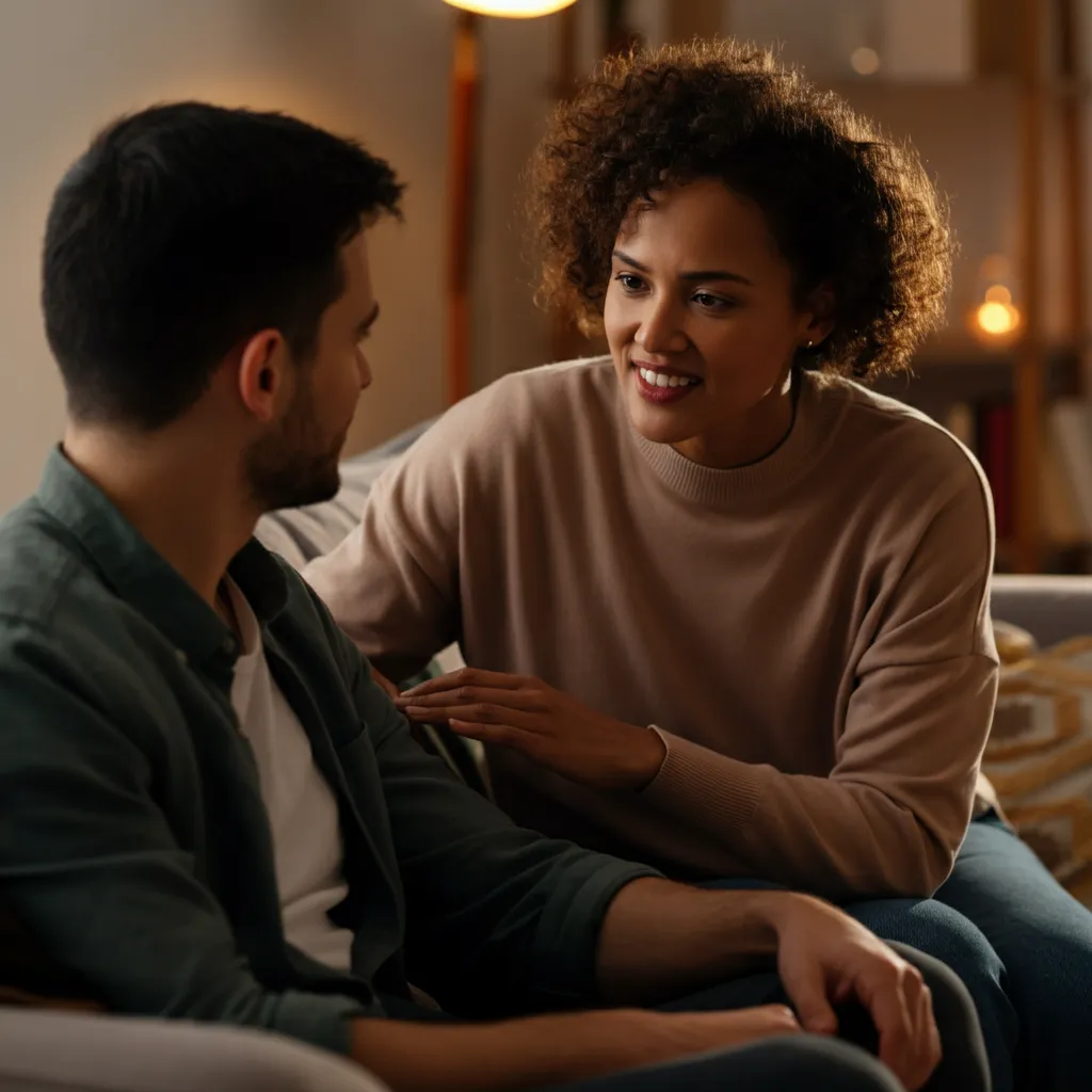 Woman leaning in and smiling, demonstrating body language cues of emotional connection.