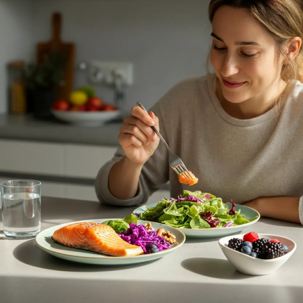 A variety of brain-boosting foods including berries, fatty fish, nuts, leafy greens, and eggs arranged on a table.