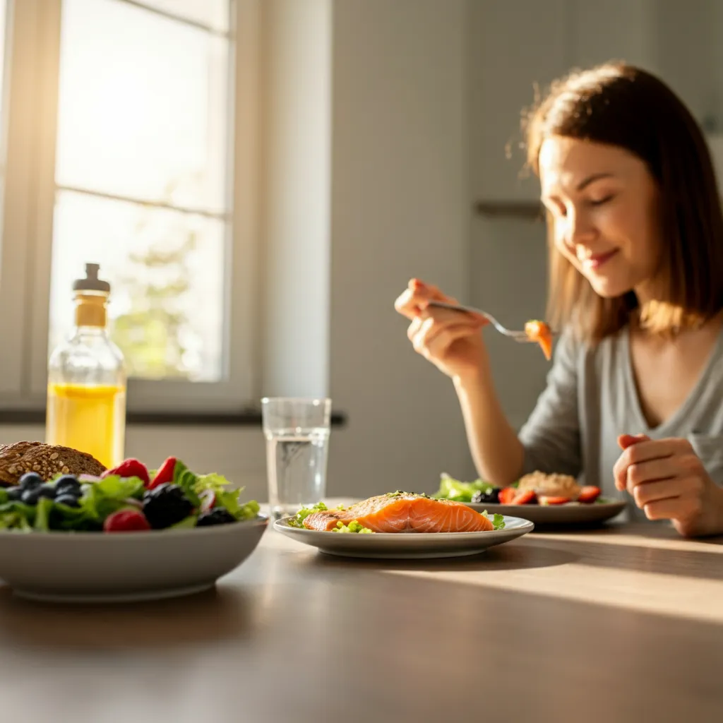 Colorful assortment of brain-boosting foods like fruits, vegetables, fish, nuts, and whole grains, promoting cognitive health and mental fitness through proper nutrition.