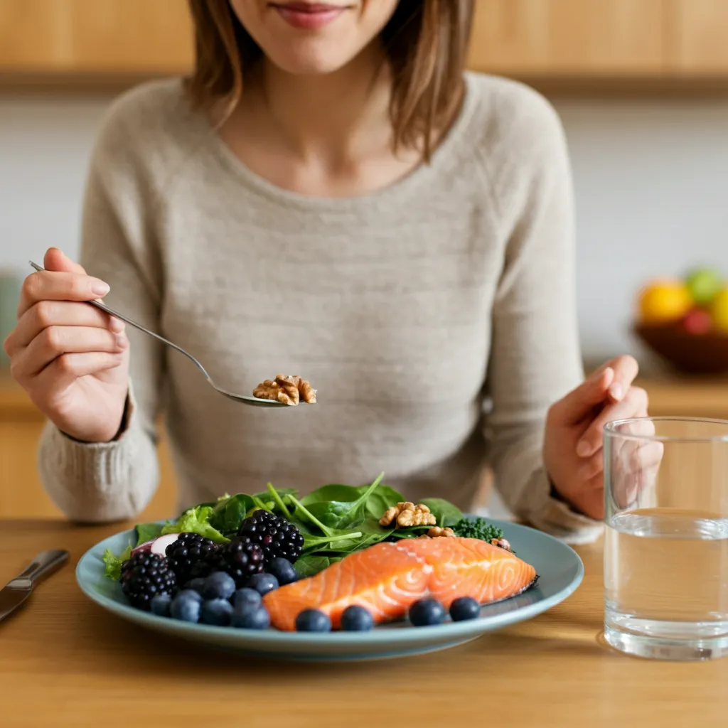 A variety of brain-boosting foods including salmon, blueberries, leafy greens, nuts, and eggs arranged on a table.