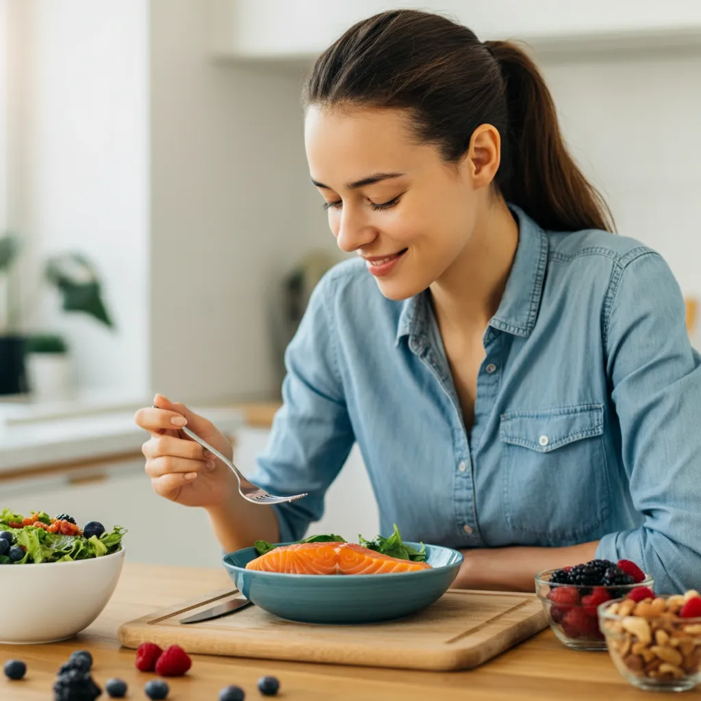 Colorful assortment of brain-boosting foods like fruits, vegetables, fatty fish, nuts, and seeds, promoting cognitive health and mental sharpness through proper nutrition.