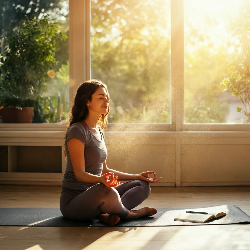 Person taking a deep breath in a peaceful setting, symbolizing a brain detox for improved mental clarity and stress reduction.